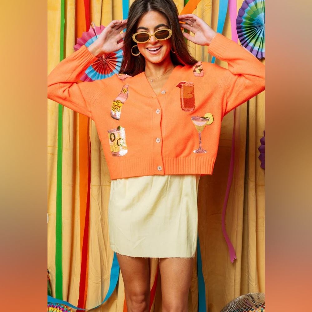New! QUEEN OF SPARKLES Neon Orange Tequila Drink Icon Cardigan - Picture 3 of 10